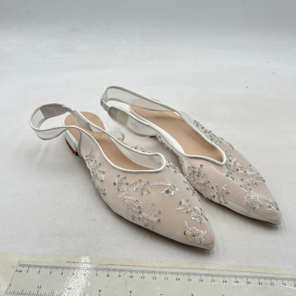 White Mesh Pearl Pointed Cap Toe Slingback Sandals Wedding Dating Dress Shoes - Picture 3 of 7